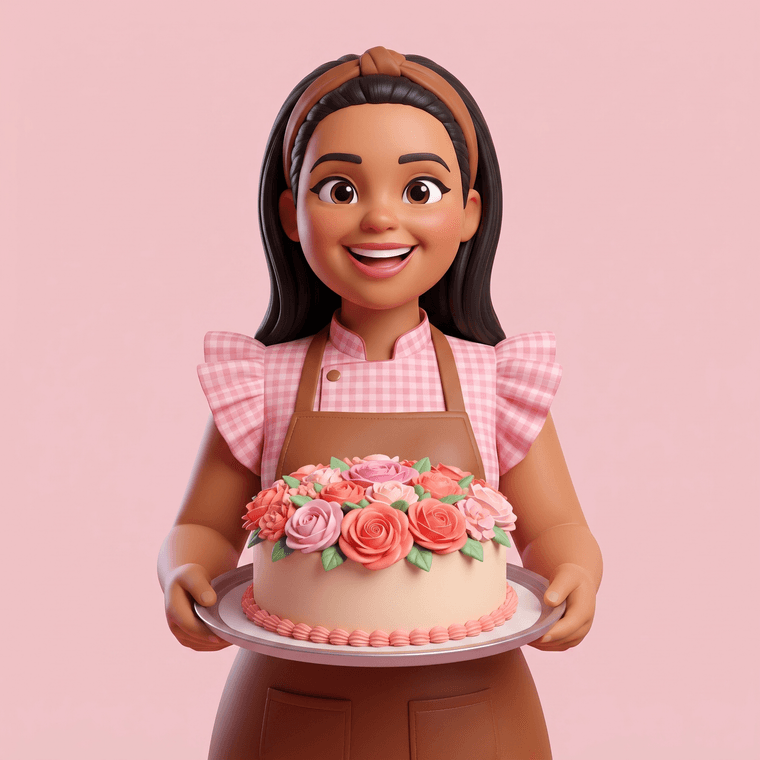 Ilustração da Daiane, confeiteira do Cantinho do Sabor, segurando um bolo decorado com flores
